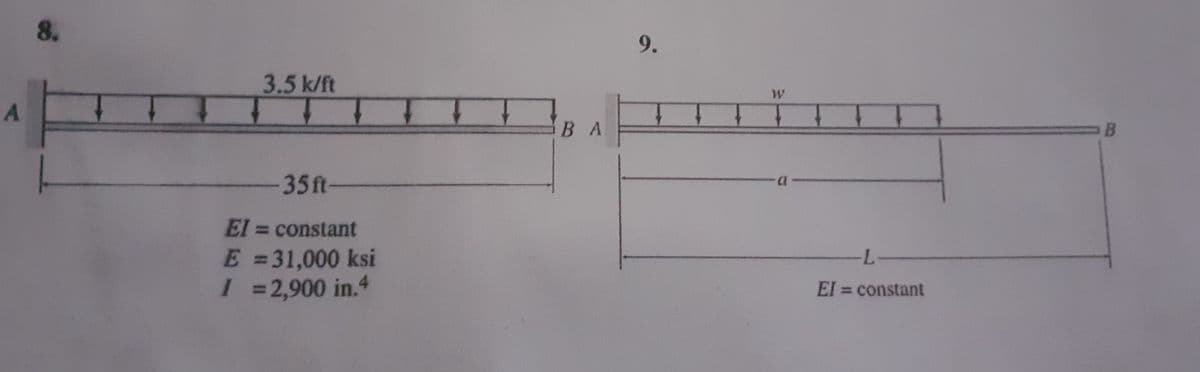 8.
9.
3.5 k/ft
B A
B
-35ft-
El = constant
%3D
E =31,000 ksi
1 =2,900 in.4
-L-
%3D
El = constant
