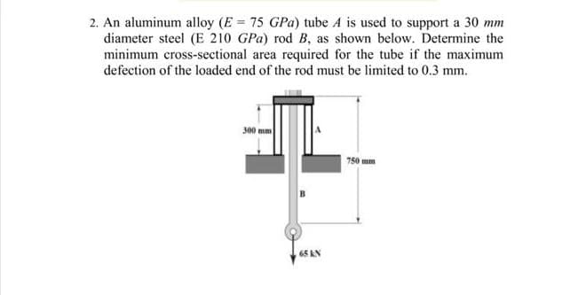 2. An aluminum alloy (E = 75 GPa) tube A is used to support a 30 mm
diameter steel (E 210 GPa) rod B, as shown below. Determine the
minimum cross-sectional area required for the tube if the maximum
defection of the loaded end of the rod must be limited to 0.3 mm.
300 mm
750 mm
65 AN
