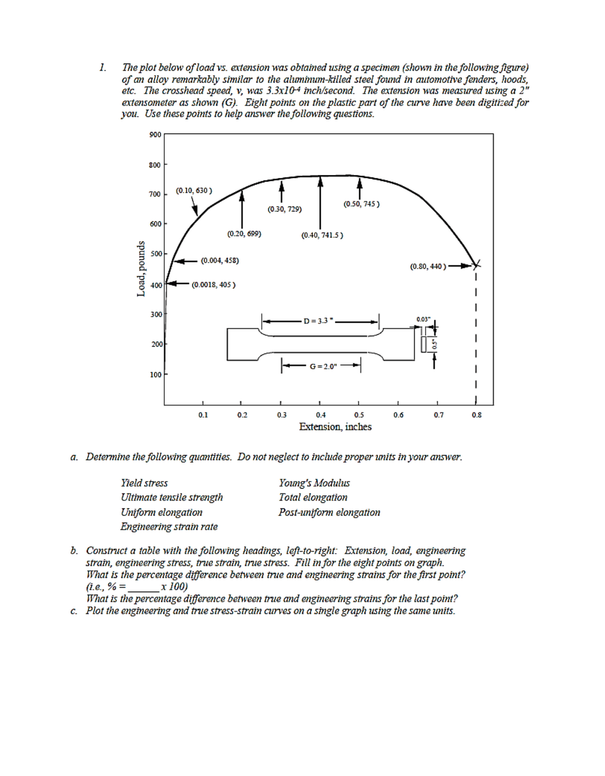 The plot below of load vs. extension was obtained using a specimen (shown in the following figure)
of an alloy remarkably similar to the aluminum-killed steel found in automotive fenders, hoods,
etc. The crosshead speed, v, was 3.3x104 inch/second. The extension was measured using a 2"
extensometer as shown (G). Eight points on the plastic part of the curve have been digitized for
you. Use these points to help answer the following questions.
1.
900
800
700
(0.10, 630 )
(0.50, 745)
(0.30, 729)
600
(0.20, 699)
(0.40, 741.5)
500-
(0.004, 458)
(0.80, 440)·
400
(0.0018, 405)
300
D= 3.3"
0.03"
200
G=2.0"
100 -
0.1
0.2
0.3
0.4
0.5
0.6
0.7
0.8
Extension, inches
a. Determine the following quantities. Do not neglect to include proper units in your answer.
Young's Modulus
Total elongation
Yield stress
Ultimate tensile strength
Uniform elongation
Engineering strain rate
Post-uniform elongation
b. Construct a table with the following headings, left-to-right: Extension, load, engineering
strain, engineering stress, true strain, true stress. Fill in for the eight points on graph.
What is the percentage difference between true and engineering strains for the first point?
(i.e., % =
What is the percentage difference between true and engineering strains for the last point?
c. Plot the engineering and true stress-strain curves on a single graph using the same units.
х 100)
spunod 'proT
