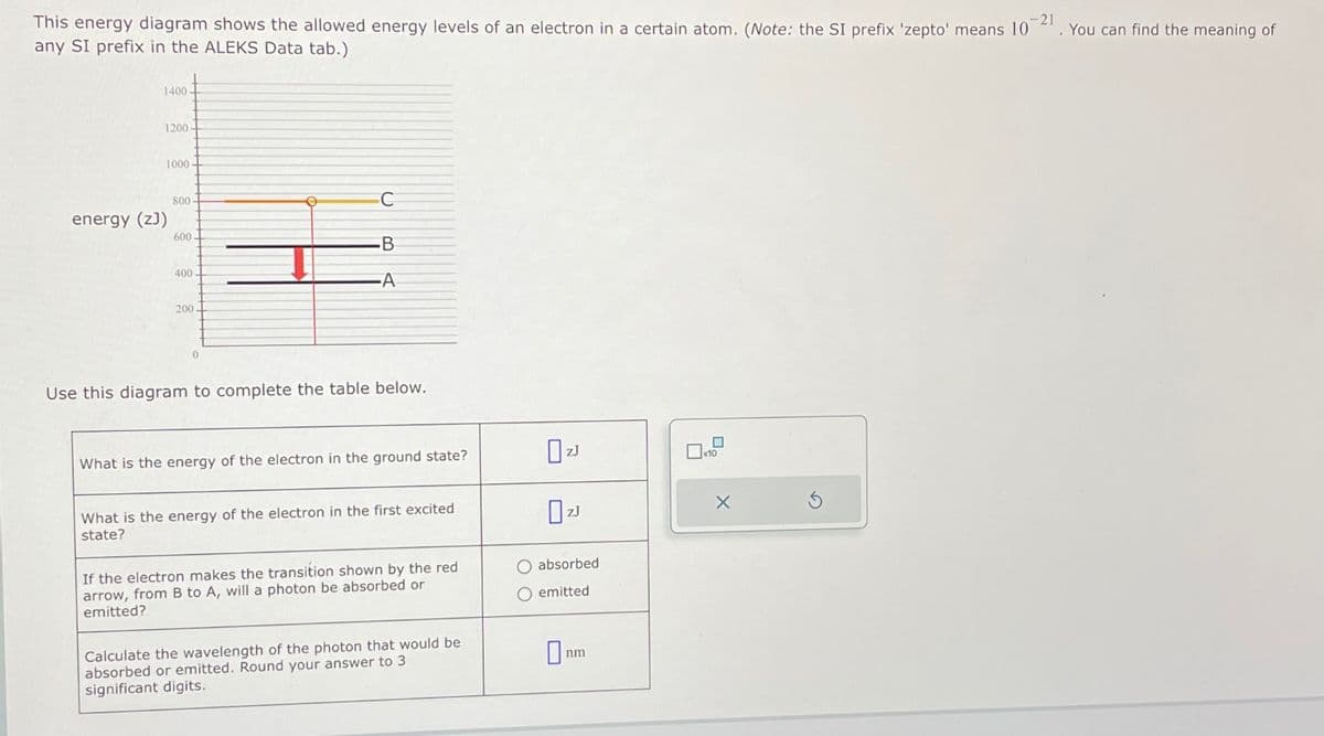 This energy diagram shows the allowed energy levels of an electron in a certain atom. (Note: the SI prefix 'zepto' means 10-21. You can find the meaning of
any SI prefix in the ALEKS Data tab.)
1400-
1200-
1000-
energy (z))
800
600-
400-
200-
0
C
.B
-A
Use this diagram to complete the table below.
What is the energy of the electron in the ground state?
What is the energy of the electron in the first excited
state?
If the electron makes the transition shown by the red
arrow, from B to A, will a photon be absorbed or
emitted?
Calculate the wavelength of the photon that would be
absorbed or emitted. Round your answer to 3
significant digits.
O absorbed
O emitted
nm
10
X
Ś