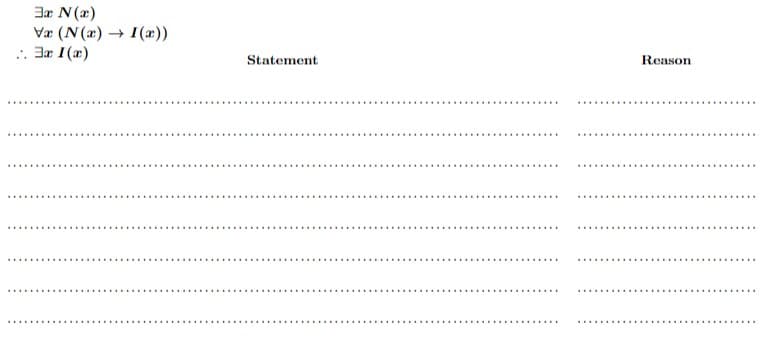 3r N(x)
Væ (N(2) → I(x))
.. Ba I(x)
Statement
Reason
.......
.....
