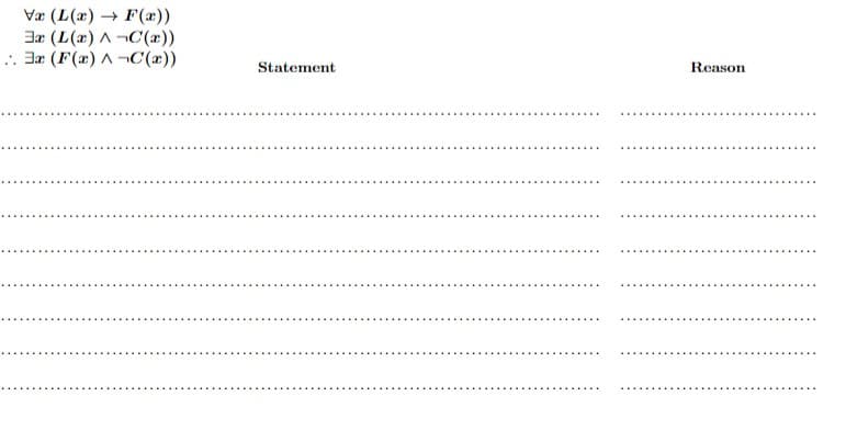 Væ (L(x) → F(æ))
3r (L(x) A¬C(æ))
.. Jr (F(2) A -C(x))
Statement
Reason
