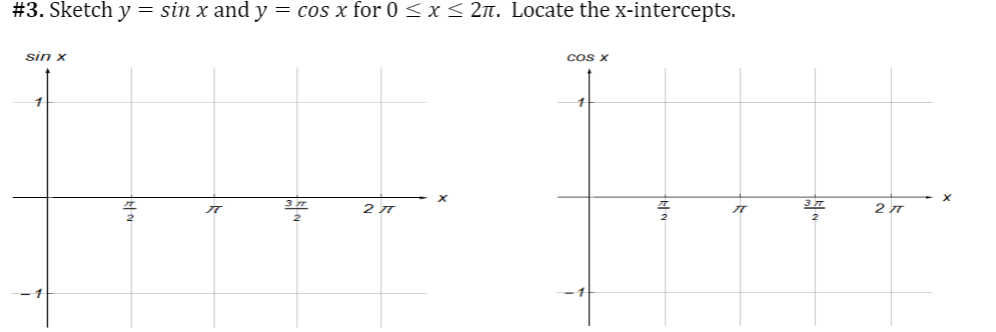#3. Sketch y = sin x and y = cos x for 0 < x< 2n. Locate the x-intercepts.
sin x
CoS X
1
37
37
