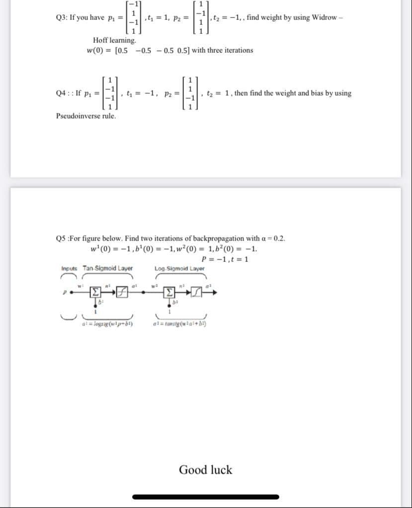 1
Q3: If you have pi =
1
,t = 1, p2 =
,tz = -1,, find weight by using Widrow -
Hoff learning.
w(0) = [0.5 -0.5 - 0.5 0.5] with three iterations
Q4 :: If pi =
1
, t, = -1, P2 =
EI, tz = 1, then find the weight and bias by using
1
Pseudoinverse rule.
Q5 :For figure below. Find two iterations of backpropagation with a = 0.2.
w'(0) = -1,b'(0) = -1, w?(0) = 1, b2(0) = -1.
P = -1,t 1
Inpute Tan Sigmoid Layer
Log Sigmoid Layer
al
al= logsig (wlp-bi)
al= ransig(wial+b)
Good luck
