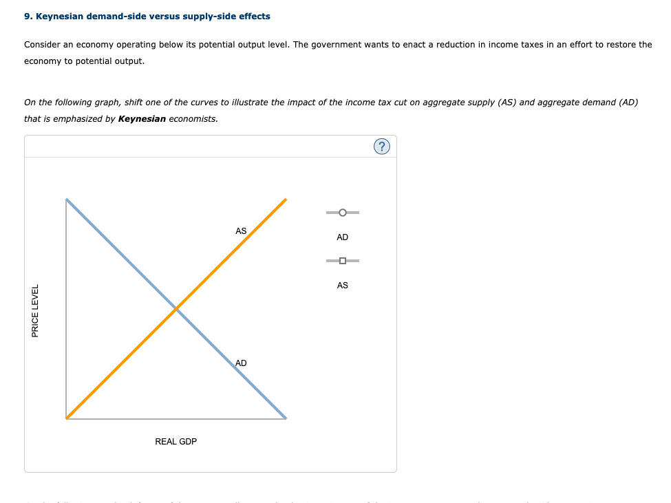 9. Keynesian demand-side versus supply-side effects
Consider an economy operating below its potential output level. The government wants to enact a reduction in income taxes in an effort to restore the
economy to potential output.
On the following graph, shift one of the curves to illustrate the impact of the income tax cut on aggregate supply (AS) and aggregate demand (AD)
that is emphasized by Keynesian economists.
(?)
AS
AD
AS
AD
REAL GDP
PRICE LEVEL
