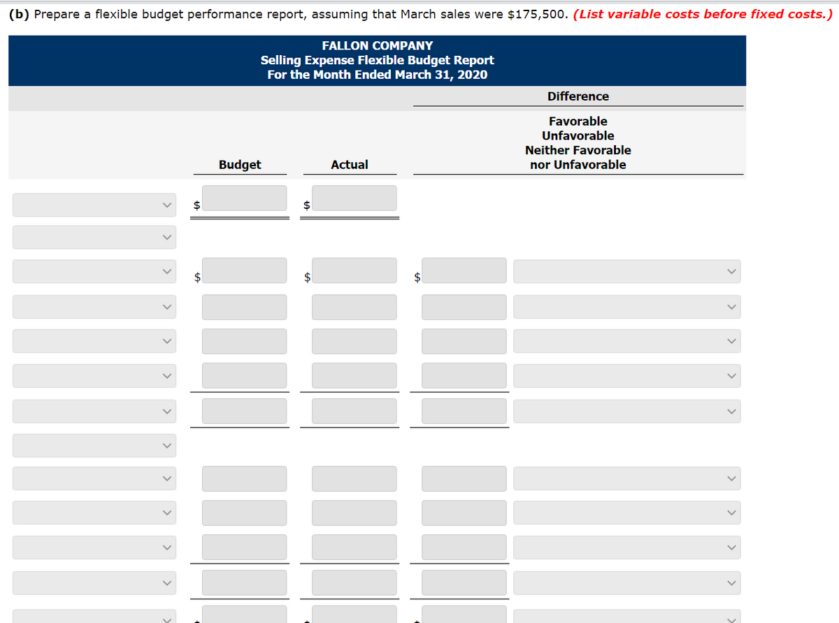 (b) Prepare a flexible budget performance report, assuming that March sales were $175,500. (List variable costs before fixed costs.)
FALLON COMPANY
Selling Expense Flexible Budget Report
For the Month Ended March 31, 2020
Difference
Favorable
Unfavorable
Neither Favorable
Budget
Actual
nor Unfavorable
24
$4
$
