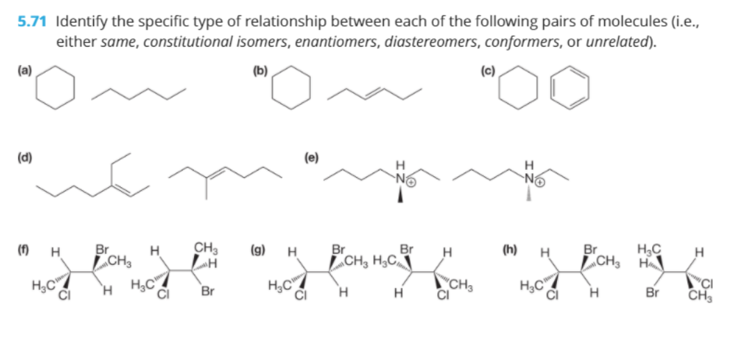 5.71 Identify the specific type of relationship between each of the following pairs of molecules (i.e.,
either same, constitutional isomers, enantiomers, diastereomers, conformers, or unrelated).
(a)
(b)
(c)
(d)
(e)
(f)
H
Br
CH3
(g)
H
Br
Br
H
(h)
H
Br
HC
LCH3
LCH3 H;C
LCH3 H
H;C
H,C
(CH3
CI
H;C
CI
H.
Br
H
CH3
CI
H.
H.
Br
