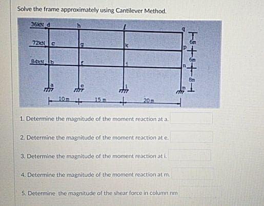 Solve the frame approximately using Cantilever Method.
36KN d
72KNC
84KN b
10m
15m
20m
1. Determine the magnitude of the moment reaction at a.
2. Determine the magnitude of the moment reaction at e.
3. Determine the magnitude of the moment reaction at i.
4. Determine the magnitude of the moment reaction at m.
5. Determine the magnitude of the shear force in column nm
ト十8十8
