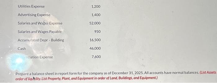 Utilities Expense
Advertising Expense
Salaries and Wages Expense
Salaries and Wages Payable
Accumulated Depr.- Building
Cash
preciation Expense
1,200
1,400
52,000
950
16,500
46,000
7,600
Prepare a balance sheet in report form for the company as of December 31, 2025. All accounts have normal balances. (List Assets.
order of liquidity. List Property, Plant, and Equipment in order of Land, Buildings, and Equipment.)