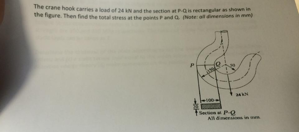 The crane hook carries a load of 24 kN and the section at P-Q is rectangular as shown in
the figure. Then find the total stress at the points P and Q. (Note: all dimensions in mm)
P
1150
-100-
50
Section at P-Q
24 kN
All dimensions in mm.