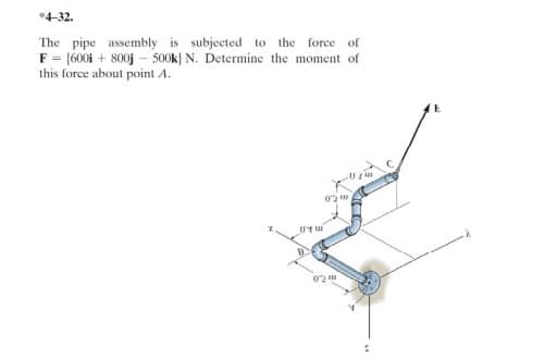 4-32.
The pipe assembly is subjected to the force of
F = (600i +800j - 500k) N. Determine the moment of
this force about point A.
0
(1 w
02
02m
S