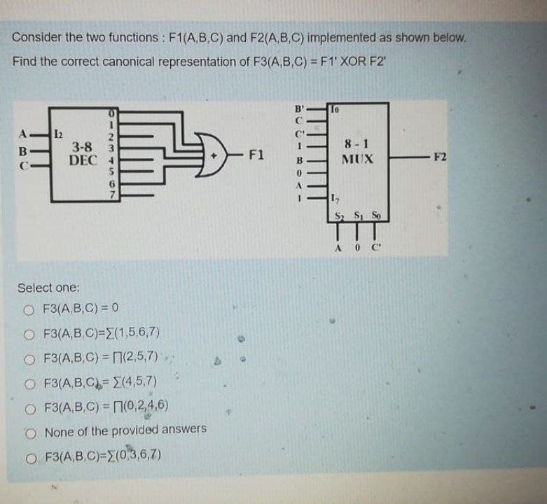 Consider the two functions : F1(A,B,C) and F2(A,B,C) implemented as shown below.
Find the correct canonical representation of F3(A,B,C) = F1' XOR F2'
B"
I2
3-8
DEC 4
2
8 - 1
F1
MUX
F2
S So
TT
A O C
Select one:
O F3(A,B,C) = 0
O F3(A,B,C)=E(1,5,6,7)
O F3(A,B,C) = N(2,5,7)
O F3(A,B,C) (4,5,7)
O F3(A,B.C) = 0,2,4,6)
O None of the provided answers
O F3(A,B,C)=E(0,3,6,7)
