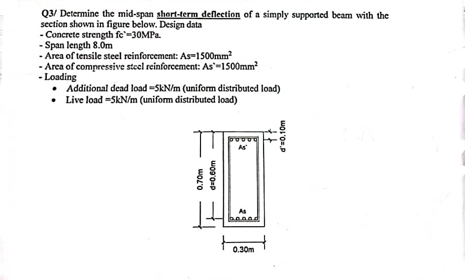 Q3/ Determine the mid-span short-term deflection of a simply supported beam with the
section shown in figure below. Design data
- Concrete strength fc=30MPa.
- Span length 8.0m
- Area of tensile steel reinforcement: As=1500mm²
- Area of compressive steel reinforcement: As'=1500mm²
- Loading
• Additional dead load -5kN/m (uniform distributed load)
Live load -5kN/m (uniform distributed load)
TT
0.70m
d=0.60m
H
PODO
As
As
b..0.0
0.30m
d'=0.10m