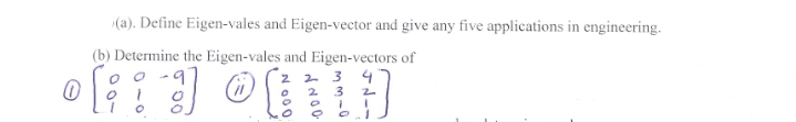 (a). Define Eigen-vales and Eigen-vector and give any five applications in engineering.
(b) Determine the Eigen-vales and Eigen-vectors of
2 2 3 4
3
2
