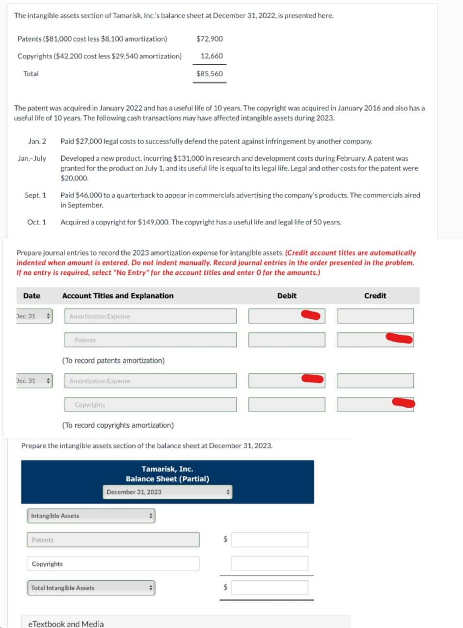 The intangible assets section of Tamarisk, Inc.'s balance sheet at December 31, 2022, is presented here.
Patents ($81,000 cost less $8,100 amortization)
Copyrights ($42,200 cost less $29,540 amortization)
Total
The patent was acquired in January 2022 and has a useful life of 10 years. The copyright was acquired in January 2016 and also has a
useful life of 10 years. The following cash transactions may have affected intangible assets during 2023.
Jan. 2
Jan.-July
Sept. 1
Oct. 1
Date
Dec. 31
Prepare journal entries to record the 2023 amortization expense for intangible assets. (Credit account titles are automatically
indented when amount is entered. Do not indent manually. Record journal entries in the order presented in the problem.
If no entry is required, select "No Entry" for the account titles and enter 0 for the amounts.)
Dec. 31
#
Paid $27,000 legal costs to successfully defend the patent against infringement by another company.
Developed a new product, incurring $131,000 in research and development costs during February. A patent was
granted for the product on July 1, and its useful life is equal to its legal life. Legal and other costs for the patent were
$20,000.
Paid $46,000 to a quarterback to appear in commercials advertising the company's products. The commercials aired
in September.
Acquired a copyright for $149,000. The copyright has a useful life and legal life of 50 years.
Patents
Account Titles and Explanation
Amortization Expense
Patents
(To record patents amortization)
Copyrights
Amortization Expense
Copyrights
(To record copyrights amortization)
Prepare the intangible assets section of the balance sheet at December 31, 2023.
Intangible Assets
$72,900
12,660
$85,560
Total Intangible Assets
eTextbook and Media
Tamarisk, Inc.
Balance Sheet (Partial)
December 31, 2023
#
$
$
Debit
Credit