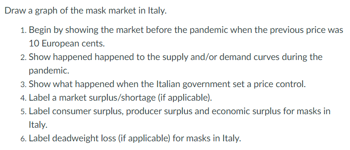 Draw a graph of the mask market in Italy.
1. Begin by showing the market before the pandemic when the previous price was
10 European cents.
2. Show happened happened to the supply and/or demand curves during the
pandemic.
3. Show what happened when the Italian government set a price control.
4. Label a market surplus/shortage (if applicable).
5. Label consumer surplus, producer surplus and economic surplus for masks in
Italy.
6. Label deadweight loss (if applicable) for masks in Italy.
