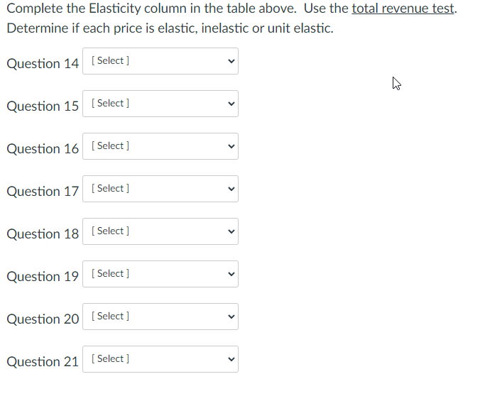 Complete the Elasticity column in the table above. Use the total revenue test.
Determine if each price is elastic, inelastic or unit elastic.
Question 14 [Select ]
Question 15 [ Select ]
Question 16 [ Select]
Question 17 [ Select ]
Question 18 [ Select ]
Question 19 [ Select ]
Question 20 [ Select ]
Question 21 [ Select ]
>
>
>
>
>
>
