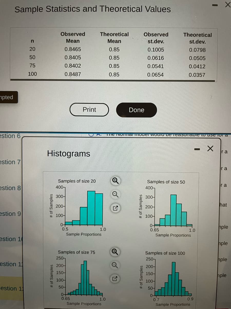 mpted
Sample Statistics and Theoretical Values
estion 6
estion 7
estion 8
estion 9
estion 1
estion 11
estion 11
n
20
50
75
100
# of Samples
Observed
Mean
0.8465
0.8405
0.8402
0.8487
Histograms
# of Samples
Samples of size 20
400-
300-
200-
100-
0-
0.5
Print
100-
50-
Samples of size 75
250
200-
150-
0+
0.65
Theoretical
Mean
Sample Proportions
1.0
1.0
Sample Proportions
0.85
0.85
0.85
0.85
Q
O
Done
The Nomar mouer would be Teasonable to use for a
Observed
st.dev.
0.1005
0.0616
0.0541
0.0654
# of Samples
# of Samples
Samples of size 50
400-
300-
200-
100-
0-
0.65
Theoretical
st.dev.
0.0798
0.0505
0.0412
0.0357
200-
150-
100-
50-
Samples of size 100
250-
Sample Proportions
0-
0.7
1.0
0.9
Sample Proportions
- X
ra
ra
ra
hat
hple
hple
hple
hple