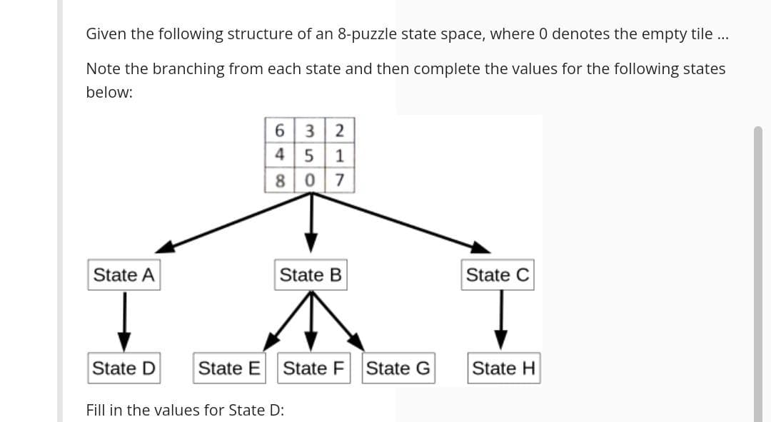 Given the following structure of an 8-puzzle state space, where 0 denotes the empty tile..
Note the branching from each state and then complete the values for the following states
below:
6 3 2
45 1
8 0 7
State A
State B
State C
State D
State E
State F
State G
State H
Fill in the values for State D:
