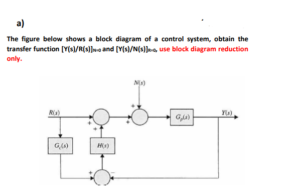 a)
The figure below shows a block diagram of a control system, obtain the
transfer function [Y(s)/R(s)]n=0 and [Y(s)/N(s)]r=0, Use block diagram reduction
only.
N(s)
R(s)
Y(s)
G,6)
H(s)
