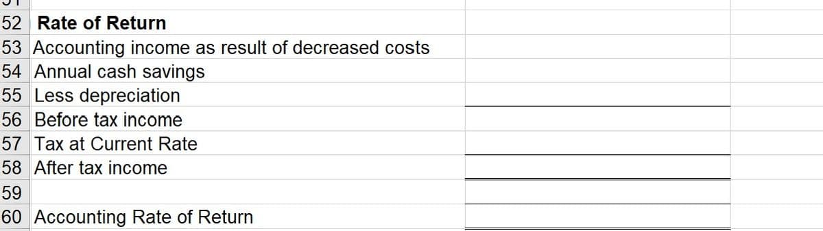 52 Rate of Return
53 Accounting income as result of decreased costs
54 Annual cash savings
55 Less depreciation
56 Before tax income
57 Tax at Current Rate
58 After tax income
59
60 Accounting Rate of Return
