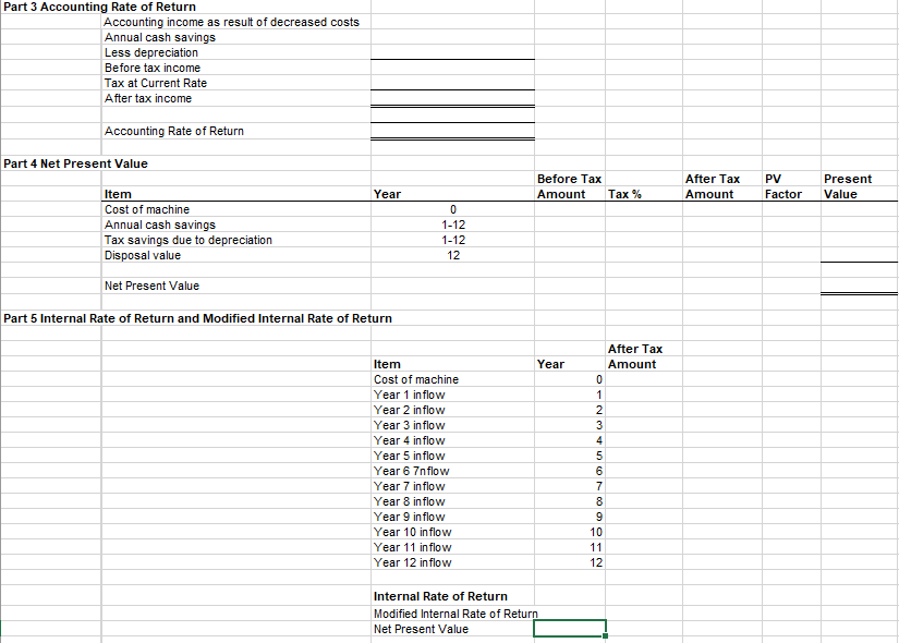 Part 3 Accounting Rate of Return
Accounting income as result of decreased costs
Annual cash savings
Less depreciation
Before tax income
Tax at Current Rate
After tax income
Accounting Rate of Return
Part 4 Net Present Value
Before Tax
After Tax
PV
Present
Item
Year
Amount
Tax %
Amount
Factor
Value
Cost of machine
Annual cash savings
Tax savings due to depreciation
Disposal value
1-12
1-12
12
Net Present Value
Part 5 Internal Rate of Return and Modified Internal Rate of Return
After Tax
Item
Year
Amount
Cost of machine
Year 1 inflow
Year 2 inflow
Year 3 inflow
Year 4 inflow
Year 5 inflow
5
Year 6 7nflow
6
Year 7 inflow
7
Year 8 inflow
8
Year 9 inflow
9
Year 10 inflow
10
Year 11 inflow
11
Year 12 inflow
12
Internal Rate of Return
Modified Internal Rate of Return
Net Present Value
012 34
