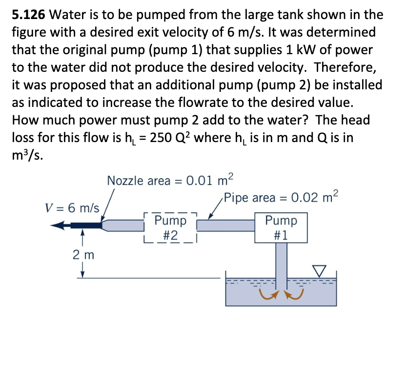 5.126 Water is to be pumped from the large tank shown in the
figure with a desired exit velocity of 6 m/s. It was determined
that the original pump (pump 1) that supplies 1 kW of power
to the water did not produce the desired velocity. Therefore,
it was proposed that an additional pump (pump 2) be installed
as indicated to increase the flowrate to the desired value.
How much power must pump 2 add to the water? The head
loss for this flow is h₁ = 250 Q² where his in m and Q is in
m³/s.
V = 6 m/s
2 m
↓
Nozzle area = 0.01 m²
Pump
L#2
Pipe area = 0.02 m²
Pump
#1
It