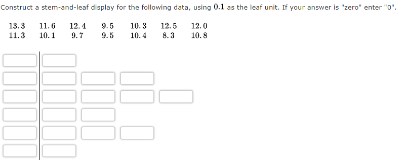 Construct a stem-and-leaf display for the following data, using 0.1 as the leaf unit. If your answer is "zero" enter "0".
10.3 12.5
12.0
13.3 11.6 12.4
11.3 10.1 9.7
9.5
9.5 10.4
8.3
10.8
00000
000
0000