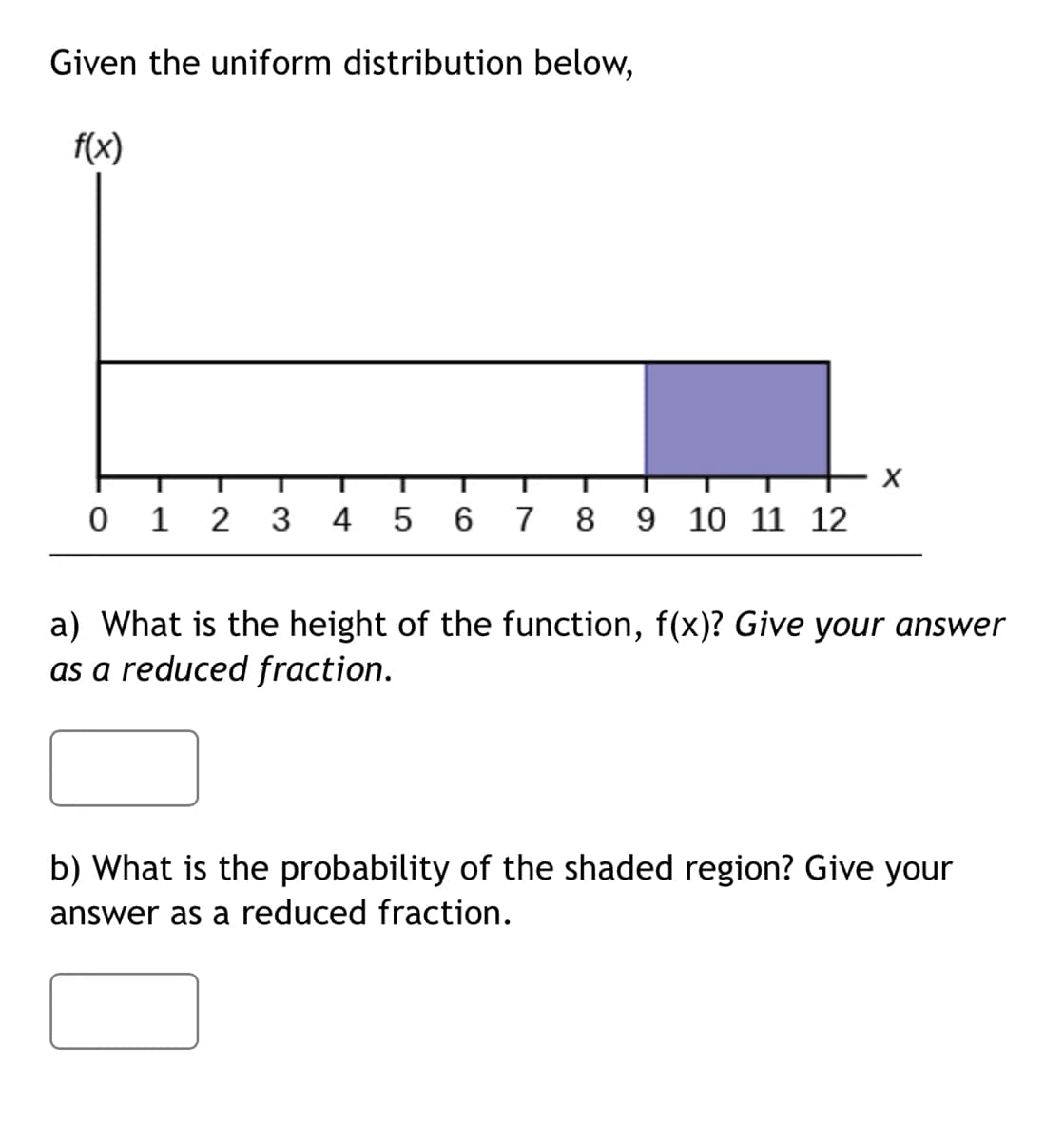 Given the uniform distribution below,
f(x)
0 1 2 3 4 5 6
7
8.
9 10 11 12
a) What is the height of the function, f(x)? Give your answer
as a reduced fraction.
b) What is the probability of the shaded region? Give your
answer as a reduced fraction.
