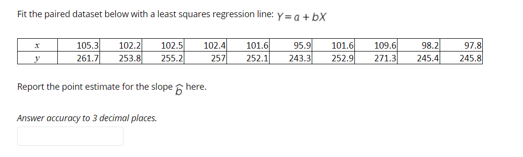 Fit the paired dataset below with a least squares regression line: Y= a +bX
102.4
257
101.6
105.3
261.7
102.2
102.5
95.9
101.6
109.6
98.2
97.8
y
253.8
255.2
252.1
243.3
252.9
271.3
245.4
245.8
Report the point estimate for the slope here.
Answer accuracy to 3 decimal places.
