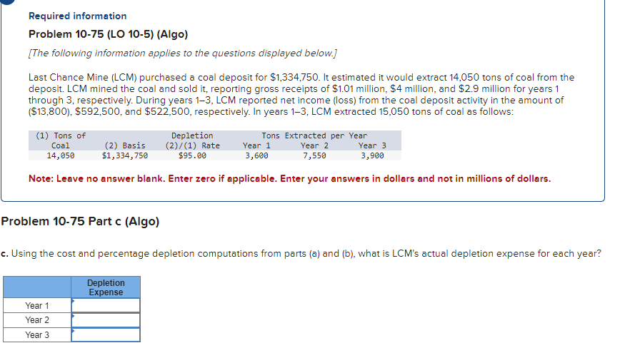 Required information
Problem 10-75 (LO 10-5) (Algo)
[The following information applies to the questions displayed below.]
Last Chance Mine (LCM) purchased a coal deposit for $1,334,750. It estimated it would extract 14,050 tons of coal from the
deposit. LCM mined the coal and sold it, reporting gross receipts of $1.01 million, $4 million, and $2.9 million for years 1
through 3, respectively. During years 1-3, LCM reported net income (loss) from the coal deposit activity in the amount of
($13,800), $592,500, and $522,500, respectively. In years 1-3, LCM extracted 15,050 tons of coal as follows:
(1) Tons of
Coal
14,050
Depletion
(2) Basis (2)/(1) Rate
$1,334,750
$95.00
Year 1
3,600
Tons Extracted per Year
Year 2
Year 3
7,550
3,900
Note: Leave no answer blank. Enter zero if applicable. Enter your answers in dollars and not in millions of dollars.
Problem 10-75 Part c (Algo)
c. Using the cost and percentage depletion computations from parts (a) and (b), what is LCM's actual depletion expense for each year?
Year 1
Depletion
Expense
Year 2
Year 3