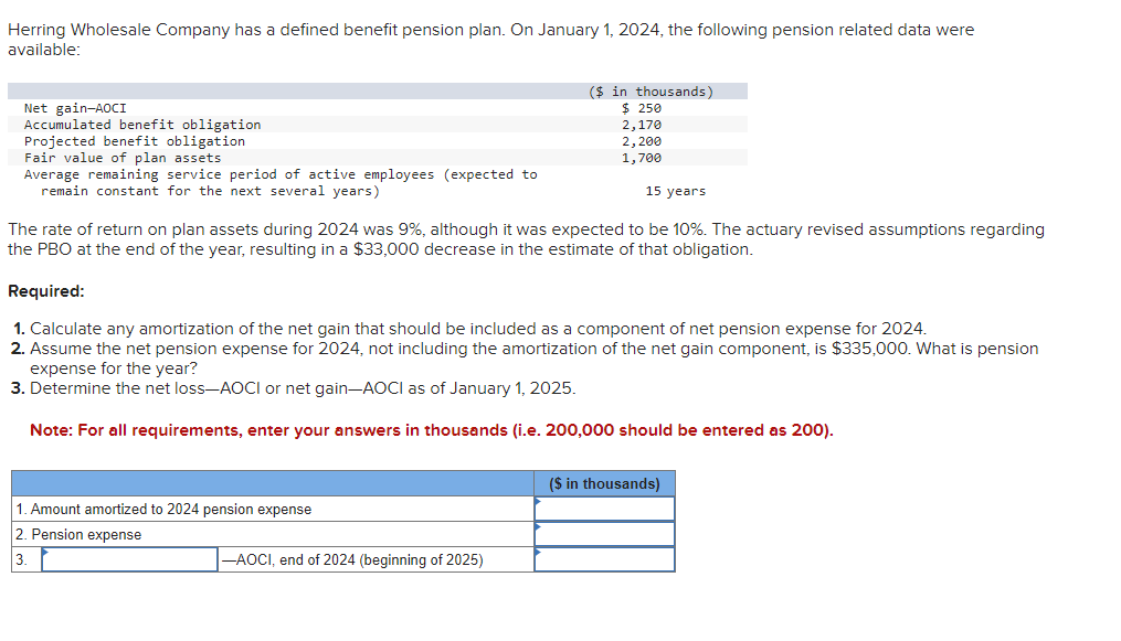 Herring Wholesale Company has a defined benefit pension plan. On January 1, 2024, the following pension related data were
available:
Net gain-AOCI
Accumulated benefit obligation
Projected benefit obligation
Fair value of plan assets
($ in thousands)
$ 250
2,170
2,200
Average remaining service period of active employees (expected to
remain constant for the next several years)
1,700
15 years
The rate of return on plan assets during 2024 was 9%, although it was expected to be 10%. The actuary revised assumptions regarding
the PBO at the end of the year, resulting in a $33,000 decrease in the estimate of that obligation.
Required:
1. Calculate any amortization of the net gain that should be included as a component of net pension expense for 2024.
2. Assume the net pension expense for 2024, not including the amortization of the net gain component, is $335,000. What is pension
expense for the year?
3. Determine the net loss-AOCI or net gain-AOCI as of January 1, 2025.
Note: For all requirements, enter your answers in thousands (i.e. 200,000 should be entered as 200).
1. Amount amortized to 2024 pension expense
2. Pension expense
3.
-AOCI, end of 2024 (beginning of 2025)
($ in thousands)