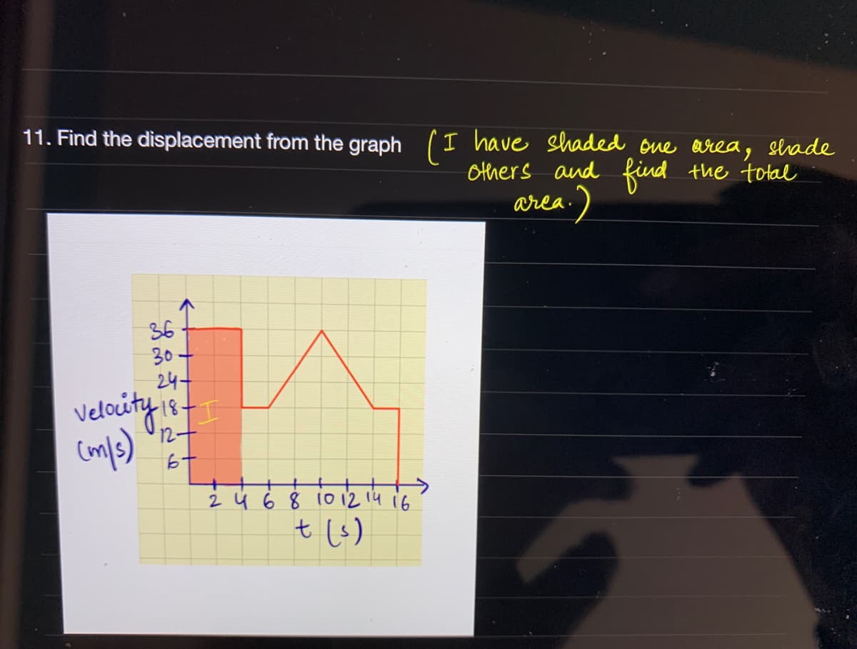 11. Find the displacement from the graph
I have shaded one erea, shade
Others and find
area.)
the total
36
30
24-
velaity s
(m/s) 2t
6+
2 4 6 8 1012 14 i6
tい)
