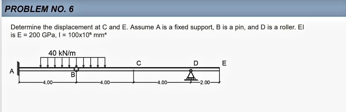 PROBLEM NO. 6
Determine the displacement at C and E. Assume A is a fixed support, B is a pin, and D is a roller. El
is E 200 GPa, I = 100x106 mmª
A
40 kN/m
-4.00-
B
-4.00-
-4.00-
D
*****
-2.00-
E