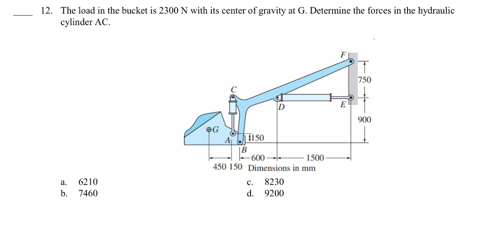 12. The load in the bucket is 2300 N with its center of gravity at G. Determine the forces in the hydraulic
cylinder AC.
a.
b.
6210
7460
OG
A150
|B
-600-
450 150 Dimensions in mm
C.
d.
8230
9200
1500-
E
750
900