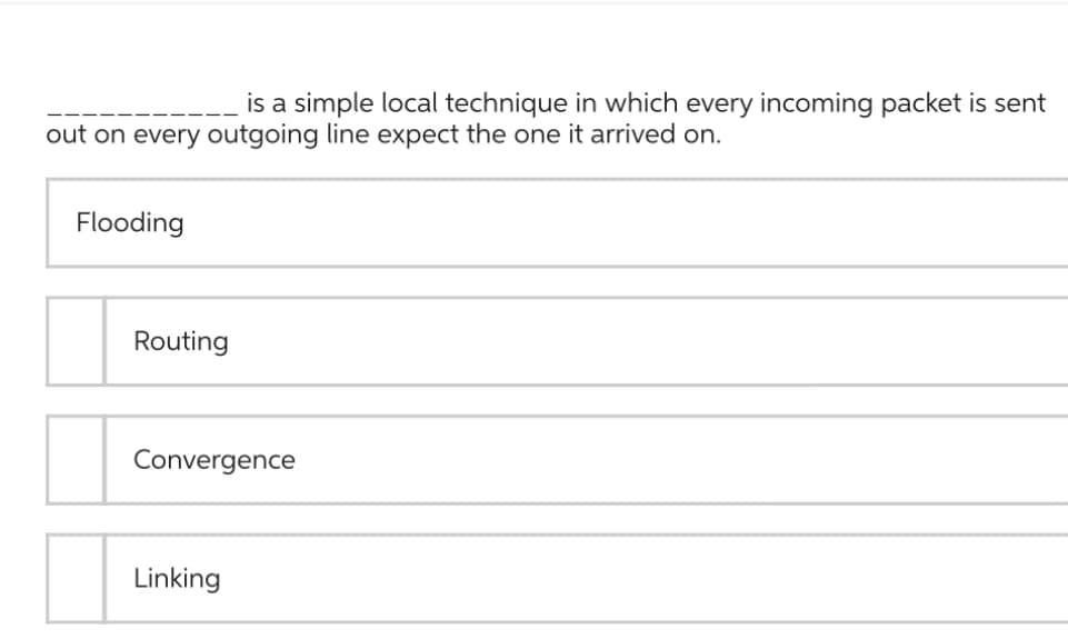 is a simple local technique in which every incoming packet is sent
out on every outgoing line expect the one it arrived on.
Flooding
Routing
Convergence
Linking