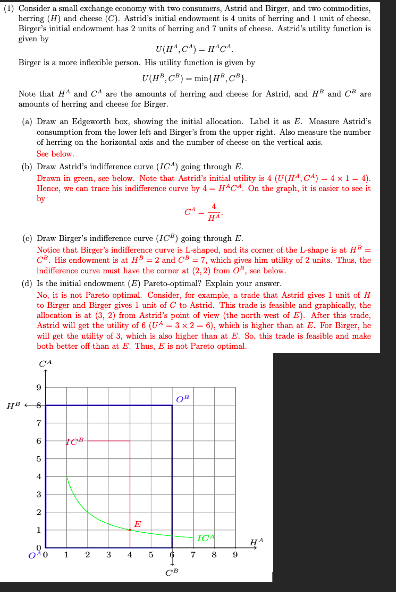 (1) Consider a small exchange economy with two consumers, Astrid and Birger, and two commodities,
herring (H) and cheese (C). Astrid's initial endowment is 4 units of herring and 1 unit of cheese.
Birger's initial endowment has 2 units of herring and 7 units of cheese. Astrid's utility function is
given by
U(II^,C)-I^C^.
Birger is a more inflexible person. His utility function is given by
U(HC) - min{HⓇ,C³}.
Note that Hand C are the amounts of herring and cheese for Astrid, and HⓇ and Care
amounts of herring and cheese for Birger.
(a) Draw an Edgeworth box, showing the initial allocation. Label it as E. Measure Astrid's
consumption from the lower left and Birger's from the upper right. Also measure the number
of herring on the horizontal axis and the number of cheese on the vertical axis.
See below.
(b) Draw Astrid's indifference curve (ICA) going through E.
Drawn in green, see below. Note that Astrid's initial utility is 4 (U(Hª, CA) – 4 × 1 – 4).
Hence, we can trace his indifference curve by 4- HACA. On the graph, it is easier to see it
by
(e) Draw Birger's indifference curve (IC) going through E.
Notice that Birger's indifference curve is L-shaped, and its corner of the L-shape is at H² =
C. His endowment is at H³ = 2 and C8 = 7, which gives him utility of 2 units. Thus, the
Indifference curve must have the corner at (2, 2) from O", see below.
(d) Is the initial endowment (E) Pareto-optimal? Explain your answer.
No, it is not Pareto optimal. Consider, for example, a trade that Astrid gives 1 unit of H
to Birger and Birger gives 1 unit of C to Astrid. This trade is feasible and graphically, the
allocation is at (3, 2) from Astrid's point of view (the north west of E). After this trade,
Astrid will get the utility of 6 (A-3 x 2-6), which is higher than at E. For Birger, he
will get the utility of 3, which is also higher than at E. So, this trade is feasible and make
both better off than at E. Thus, E is not Pareto optimal.
CA
9
7
6
5
4
3
2
1
you
1
2
3
4
D
5
6
OR
TOA
7
9