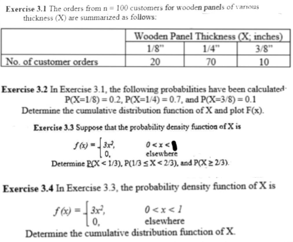 Exercise 3.1 The orders from n = 100 customers for wooden panels of various
thickness (X) are summarized as follows:
Wooden Panel Thickness (X; inches)
1/4"
70
1/8"
20
3/8"
10
No. of customer orders
Exercise 3.2 In Exercise 3.1, the following probabilities have been calculated-
P(X=1/8) = 0.2, P(X=1/4) = 0.7, and P(X=3/8) = 0.1
Determine the cumulative distribution function of X and plot F(x).
Exercise 3.3 Suppose that the probability density function of X is
elsewhere
Determine PCX < 1/3), P(1/3 sX< 2'3), and P(X 2 23).
0.
Exercise 3.4 In Exercise 3.3, the probability density function of X is
f (x) = 3x²,
0,
[ >x> 0
elsewhere
Determine the cumulative distribution function of X.
