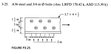 3-25. A36 steel and 3/4-in Ø bolts (Ans. LRFD 170.42 k, ASD 113.39 k)
- L7 x 4 x}
1 in
3 in
2 in
3 in +
2 in
FIGURE P3-25
