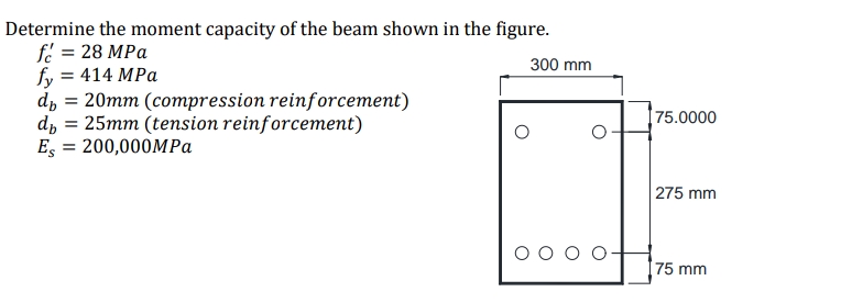 Determine the moment capacity of the beam shown in the figure.
fe = 28 MPa
fy = 414 MPa
dь 3D 20тm (сотpression reinforcement)
dp
300 mm
| 75.0000
25mm (tension reinforcement)
E, = 200,000MPA
275 mm
[75 mm
