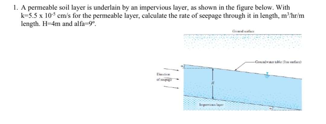 1. A permeable soil layer is underlain by an impervious layer, as shown in the figure below. With
k=5.5 x 10-5 cm/s for the permeable layer, calculate the rate of seepage through it in length, m³/hr/m
length. H=4m and alfa=9°.
Grund surface
Groundwater table (free surface)
Direction
of socpage
Impervicus layer
