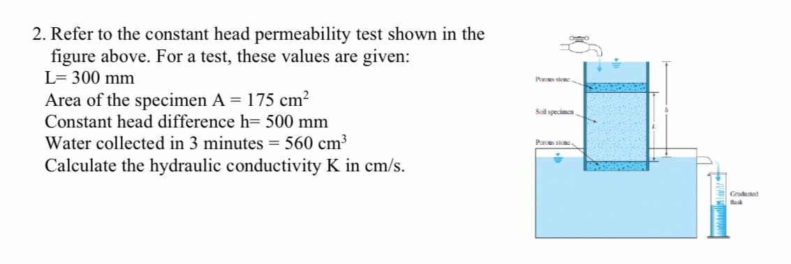 2. Refer to the constant head permeability test shown in the
figure above. For a test, these values are given:
L= 300 mm
Porcus stone
Area of the specimen A = 175 cm?
Constant head difference h= 500 mm
Water collected in 3 minutes = 560 cm³
Soil specimen
Purous stone
Calculate the hydraulic conductivity K in cm/s.
Gradusted
flak
