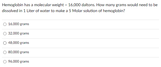 Hemoglobin has a molecular weight ~ 16,000 daltons. How many grams would need to be
dissolved in 1 Liter of water to make a 5 Molar solution of hemoglobin?
16,000 grams
32,000 grams
O 48,000 grams
80,000 grams
96,000 grams
