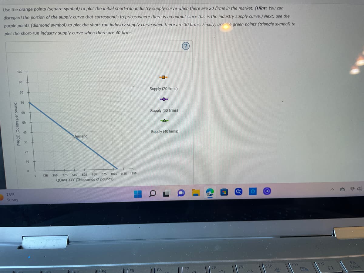 Use the orange points (square symbol) to plot the initial short-run industry supply curve when there are 20 firms in the market. (Hint: You can
disregard the portion of the supply curve that corresponds to prices where there is no output since this is the industry supply curve.) Next, use the
purple points (diamond symbol) to plot the short-run industry supply curve when there are 30 firms. Finally, use the green points (triangle symbol) to
plot the short-run industry supply curve when there are 40 firms.
100
PRICE (Dollars per pound)
78°F
Sunny
90
80
70
60
50 +
40
30
20
10
0
0
125
Demand
250
750
625
375 500
875
QUANTITY (Thousands of pounds)
1000 1125 1250
F4
F5
HE
--
Supply (20 firms)
Supply (30 firms)
-A
Supply (40 firms)
OL
F6
F7
F8
M+
F9
F10
F11
F12
2
Fn
Lock