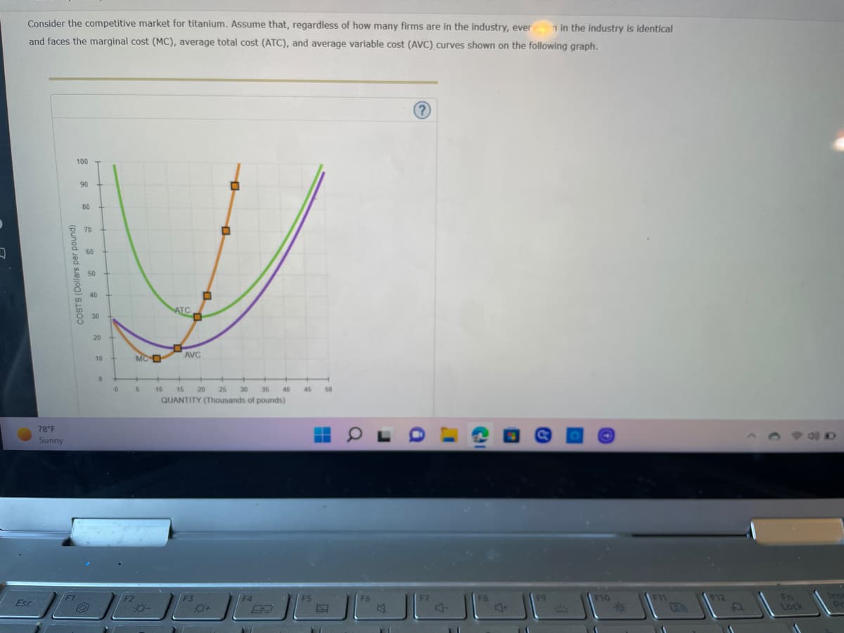 9
Consider the competitive market for titanium. Assume that, regardless of how many firms are in the industry, ever n in the industry is identical
and faces the marginal cost (MC), average total cost (ATC), and average variable cost (AVC) curves shown on the following graph.
Esc
78°F
Sunny
100
COSTS (Dollars per pound)
90
80
70
60 4
50 +
40 +
30
20
10
0
MC O
05
F2
ATC
AVC
F3
0
10 15 20 25 30 35 40
QUANTITY (Thousands of pounds)
0+
☐
F4
45 50
F5
H
M
OL
F6
M
(?)
F7
10
F8
At
(
F9
F10
F11
F12
2
Fn