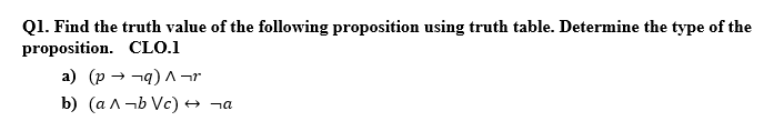 Q1. Find the truth value of the following proposition using truth table. Determine the type of the
proposition. CLO.1
a) (p → nq) A ¬r
b) (a A¬b Vc) → ¬a
