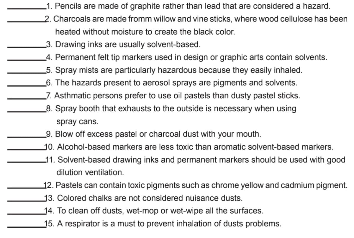 1. Pencils are made of graphite rather than lead that are considered a hazard.
2. Charcoals are made fromm willow and vine sticks, where wood cellulose has been
heated without moisture to create the black color.
_3. Drawing inks are usually solvent-based.
_4. Permanent felt tip markers used in design or graphic arts contain solvents.
_5. Spray mists are particularly hazardous because they easily inhaled.
_6. The hazards present to aerosol sprays are pigments and solvents.
_7. Asthmatic persons prefer to use oil pastels than dusty pastel sticks.
_8. Spray booth that exhausts to the outside is necessary when using
spray cans.
_9. Blow off excess pastel or charcoal dust with your mouth.
10. Alcohol-based markers are less toxic than aromatic solvent-based markers.
11. Solvent-based drawing inks and permanent markers should be used with good
dilution ventilation.
12. Pastels can contain toxic pigments such as chrome yellow and cadmium pigment.
13. Colored chalks are not considered nuisance dusts.
14. To clean off dusts, wet-mop or wet-wipe all the surfaces.
15. A respirator is a must to prevent inhalation of dusts problems.
