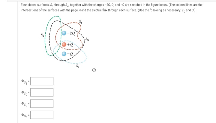 Four closed surfaces, S, through S, together with the charges -20, Q, and -Q are sketched in the figure below. (The colored lines are the
intersections of the surfaces with the page.) Find the electric flux through each surface. (Use the following as necessary: E and Q.)
-2Q
