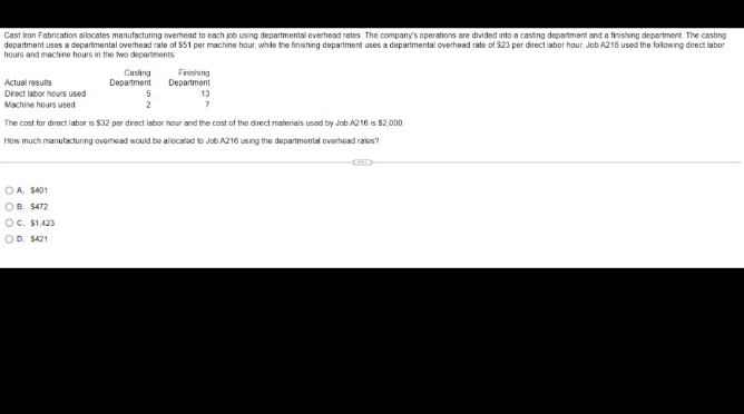 Cast Iron Fabrication allocates manufacturing overhead to each job using departmental overhead rates. The company's operations are divided into a casting department and a finishing department The casting
department uses a departmental overhead rate of $51 per machine hour, while the finishing department uses a departmental overhead rate of $23 per direct labor hour. Job A216 used the following direct labor
hours and machine hours in the two departments
Casting
Department
OA. $401
OB. $472
OC. $1,423
OD. $421
Actual results
Direct labor hours used
13
7
Machine hours used
The cost for direct labor is $32 per direct labor hour and the cost of the direct materials used by Job A216 is $2,000.
How much manufacturing overhead would be allocated to Job A216 using the departmental overhead rates?
Finishing
Department
5
2