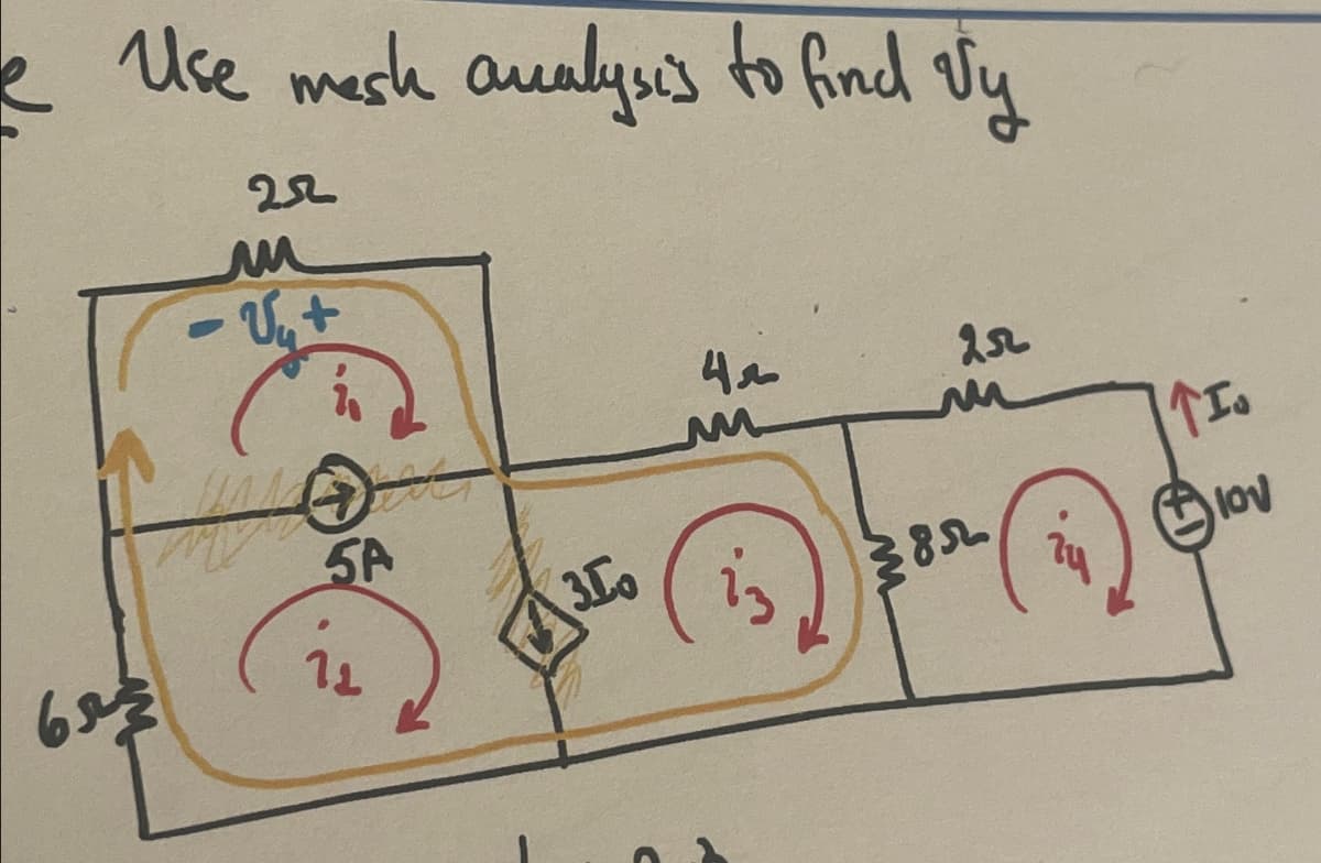 e Use mesh analysis to find Vy
2522
6r
m
น
5A
30
4r
M
252
m
TI
13
382
lov